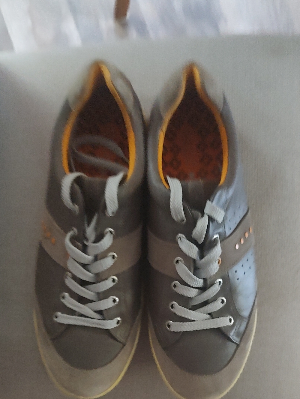Men's Casual Gray Leather Lace-Up Sneakers with Orange Trim